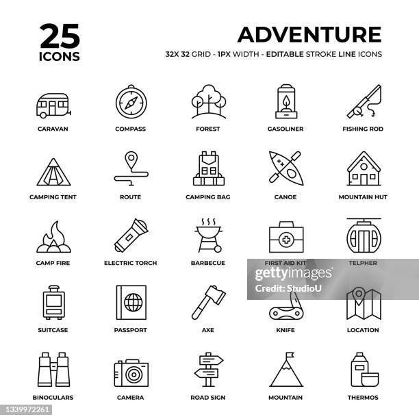 ilustrações de stock, clip art, desenhos animados e ícones de adventure line icon set - fotografia da studio