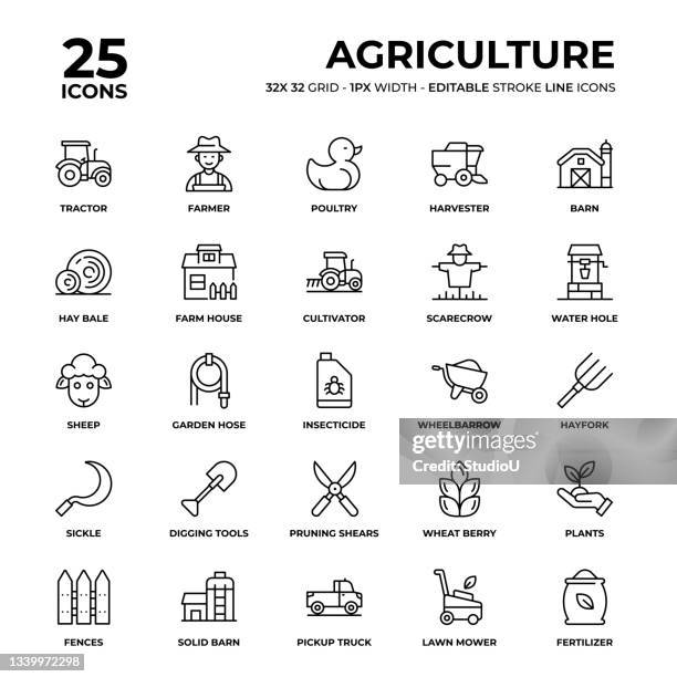 symbolsatz für landwirtschaftliche linien - harrow agricultural equipment stock-grafiken, -clipart, -cartoons und -symbole