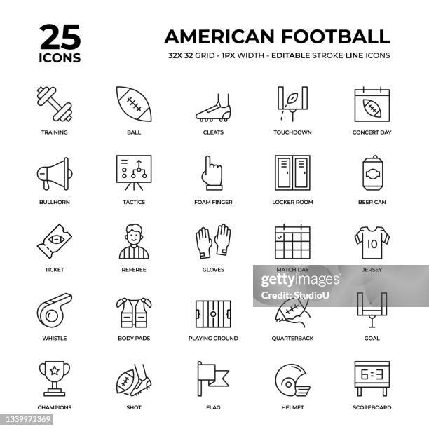 american football line icon set - american football ball studio stock illustrations