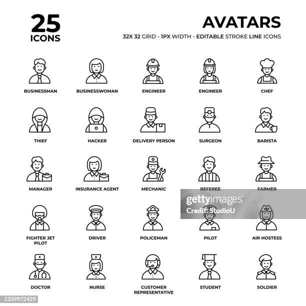 stockillustraties, clipart, cartoons en iconen met avatars line icons - uniform