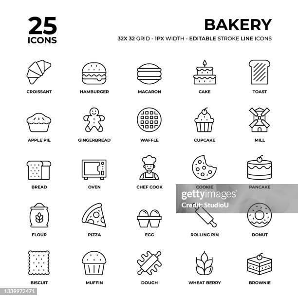 bakery line icon set - brownie stock-grafiken, -clipart, -cartoons und -symbole