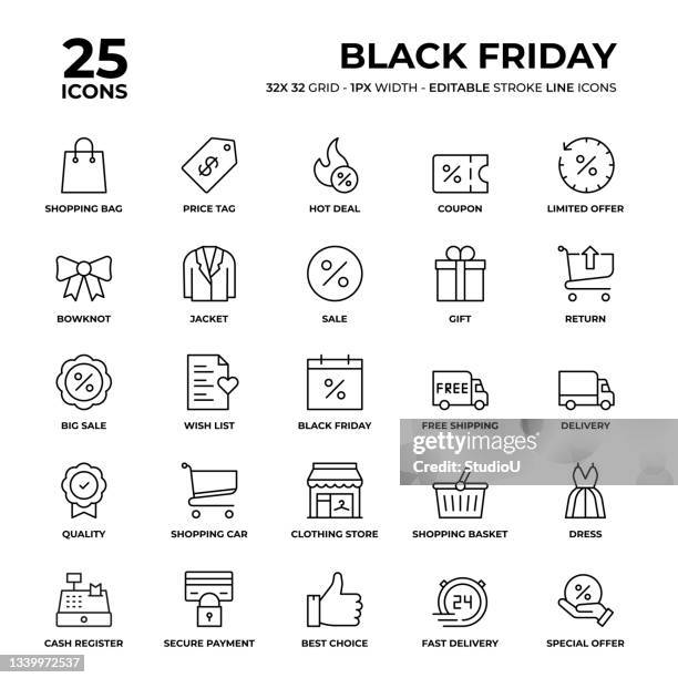 bildbanksillustrationer, clip art samt tecknat material och ikoner med black friday line icon set - önskelista