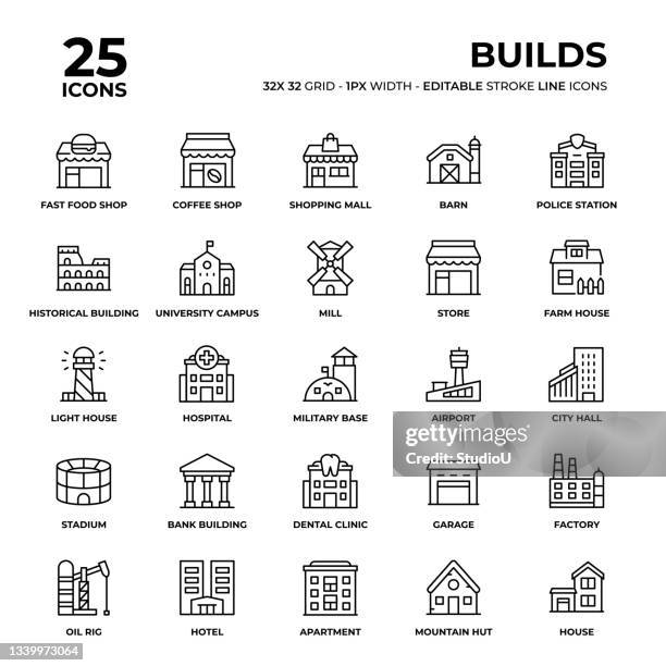 ilustraciones, imágenes clip art, dibujos animados e iconos de stock de conjunto de iconos de línea de edificios - cocina estructura de edificio