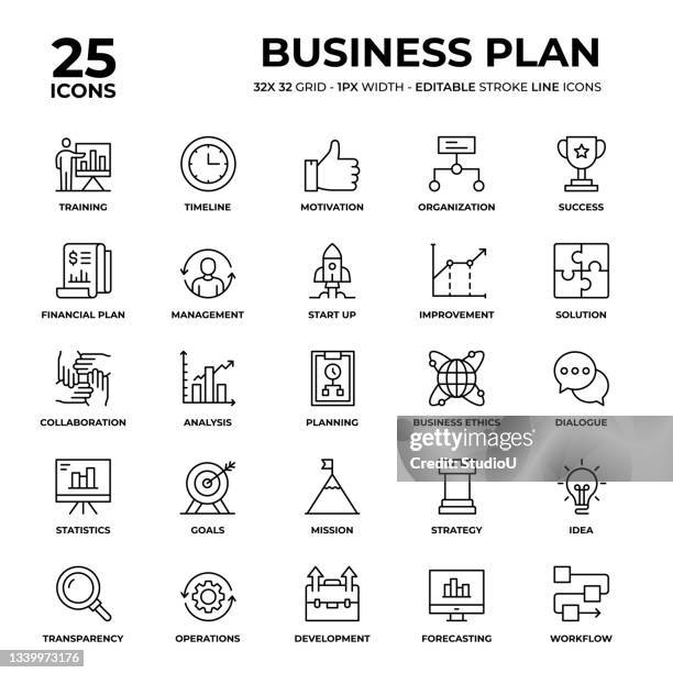 business plan line icon set - business training course stock illustrations