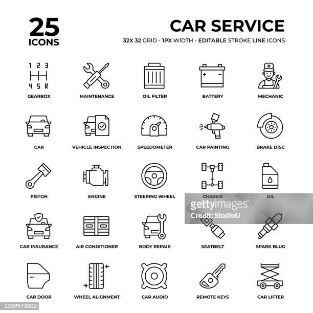 ilustrações, clipart, desenhos animados e ícones de conjunto de ícones da linha de serviço do carro - mecânico