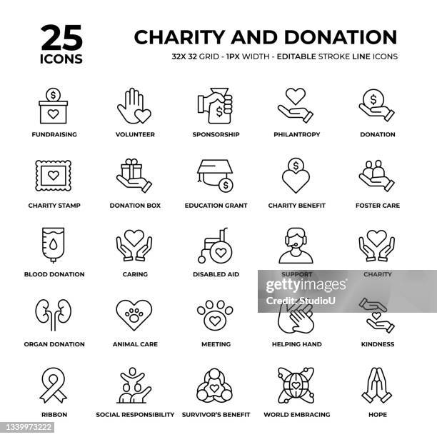 ilustraciones, imágenes clip art, dibujos animados e iconos de stock de conjunto de iconos de línea de caridad y donación - donación benéfica