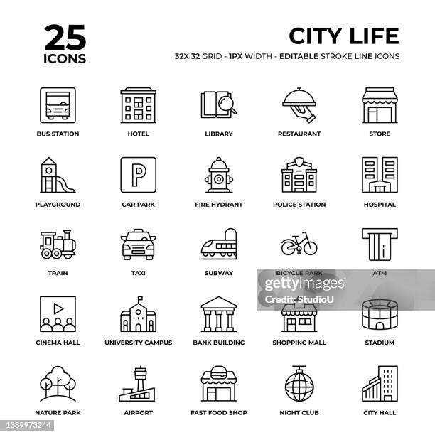city life line icon set - bibliothek stock-grafiken, -clipart, -cartoons und -symbole