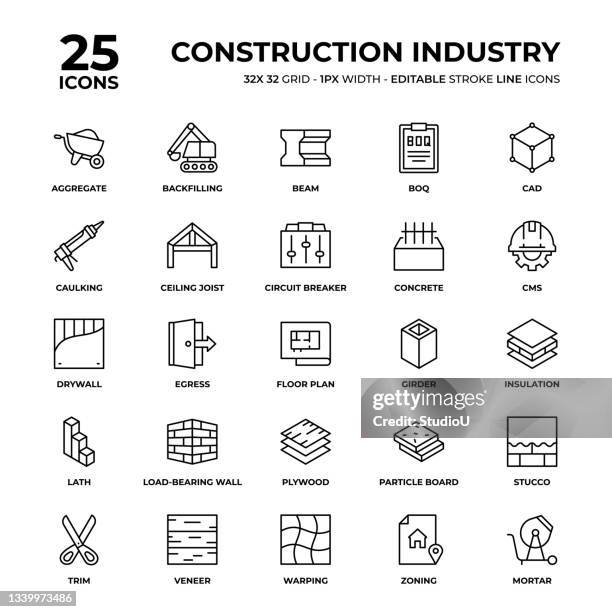 construction industry line icon set - wood ceiling stock illustrations