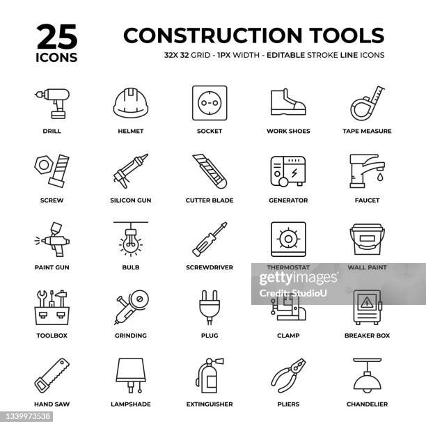 construction tools line icon set - chandelier vector stock illustrations