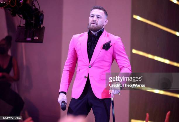 Conor McGregor speaks onstage during the 2021 MTV Video Music Awards at Barclays Center on September 12, 2021 in the Brooklyn borough of New York...