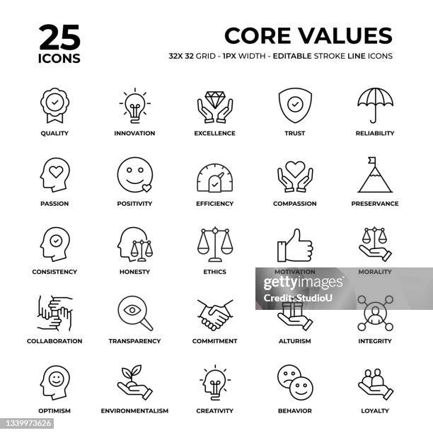 core values line icon set - dedication icon stock illustrations