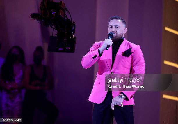 Conor McGregor speaks onstage during the 2021 MTV Video Music Awards at Barclays Center on September 12, 2021 in the Brooklyn borough of New York...