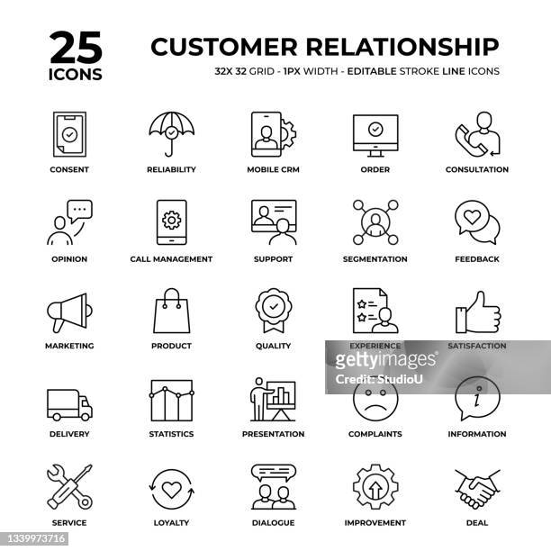 customer relationship line icon set - customer relationship icon stock illustrations