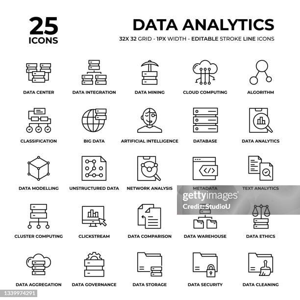 ilustraciones, imágenes clip art, dibujos animados e iconos de stock de conjunto de iconos de línea de análisis de datos - datos