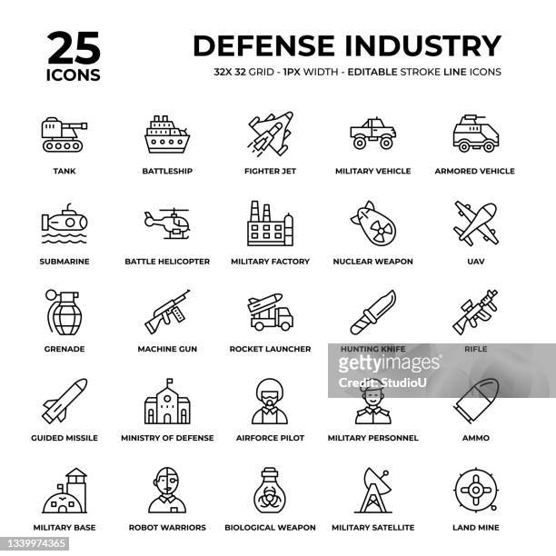 ilustraciones, imágenes clip art, dibujos animados e iconos de stock de conjunto de iconos de línea de la industria de defensa - weaponry