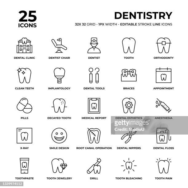 stockillustraties, clipart, cartoons en iconen met dentistry line icon set - wortelkanaal