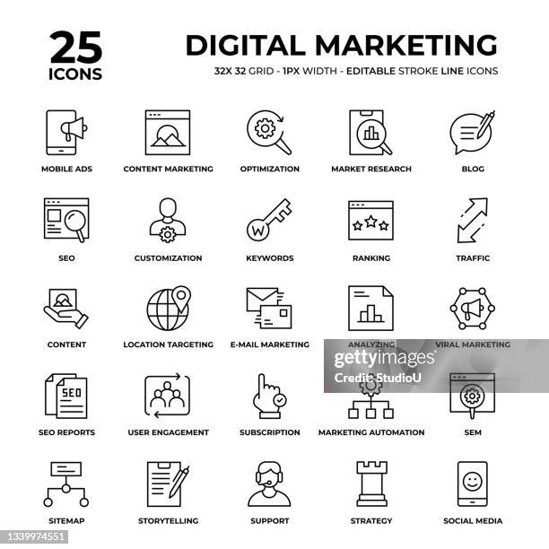 ilustraciones, imágenes clip art, dibujos animados e iconos de stock de conjunto de iconos de línea de marketing digital - motor de búsqueda