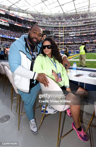 Duane Brown and Bailey Sanders attend Bootsy Bellows At SoFi Stadium's Opening Day on September 12, 2021 in Inglewood, California.