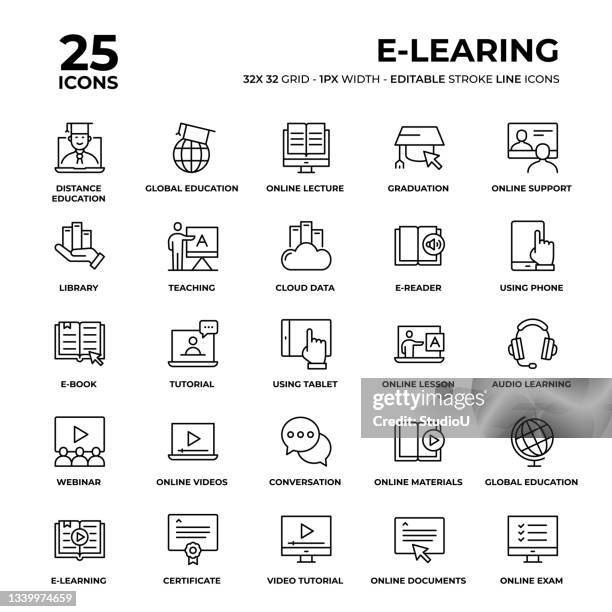 e-learning line icons - professor computer stock illustrations