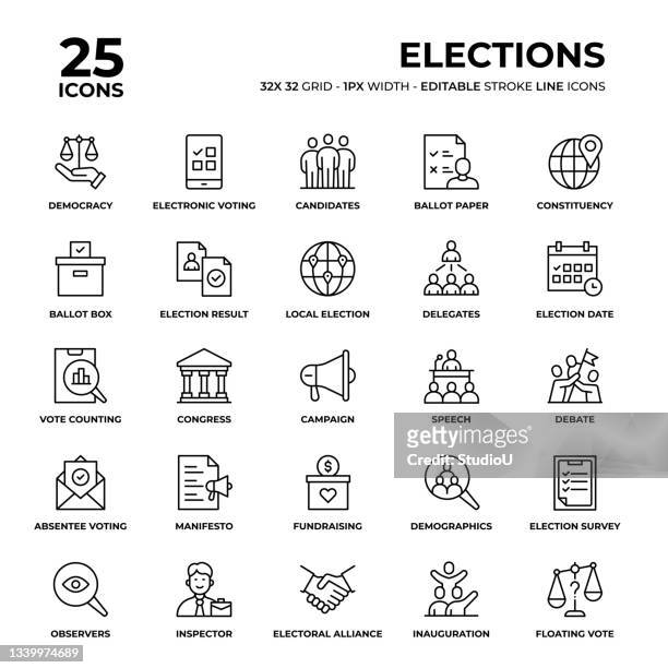 illustrazioni stock, clip art, cartoni animati e icone di tendenza di set di icone della linea elezioni - politica