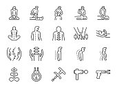 Chiropractic line icon set. Included the icons as Chiropractor, spline treatment,  massage, Osteopath, Osteopathy, joint recovery, and more.