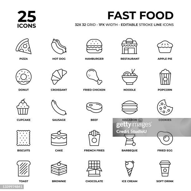 fast food line icon set - chicken pie stock illustrations