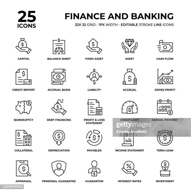 stockillustraties, clipart, cartoons en iconen met finance and banking line icon set - faillissement
