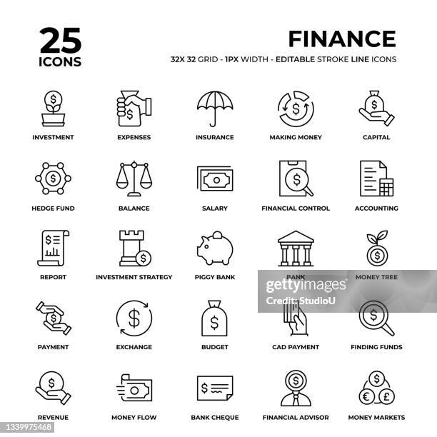 illustrazioni stock, clip art, cartoni animati e icone di tendenza di set di icone della linea finanziaria - saving