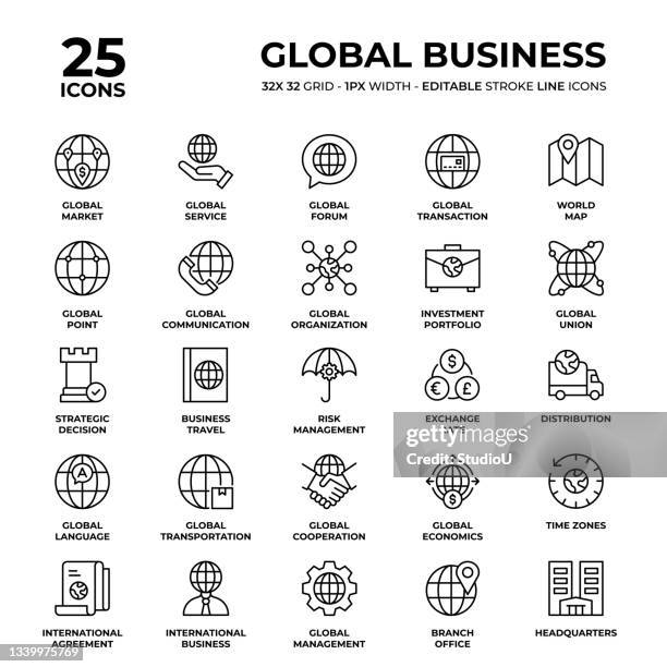 stockillustraties, clipart, cartoons en iconen met global business line icon set - financieel district