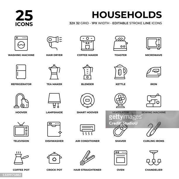 households line icon set - home appliances stock illustrations