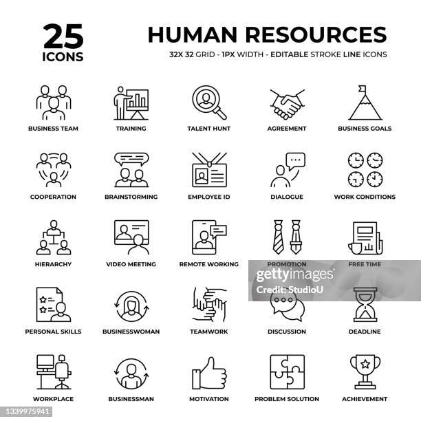 human resources line icon set - team brainstorming stock illustrations