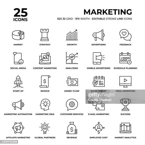 marketing line icon set - content stock illustrations