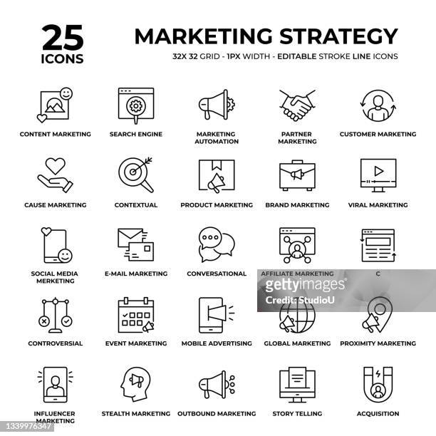 marketingstrategie-liniensymbol-set - content stock-grafiken, -clipart, -cartoons und -symbole