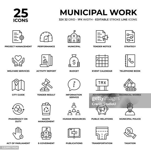 municipal work line icon set - telephone directory stock illustrations