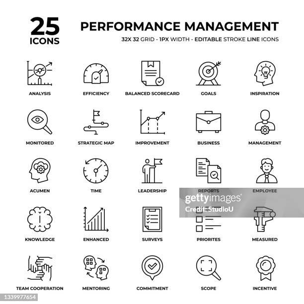 ilustraciones, imágenes clip art, dibujos animados e iconos de stock de conjunto de iconos de línea de gestión del rendimiento - judgement