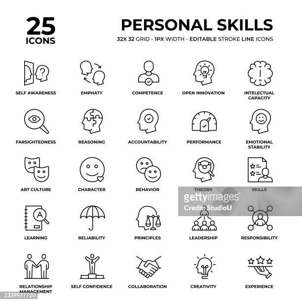 personal skills line icon set - responsibility stock illustrations