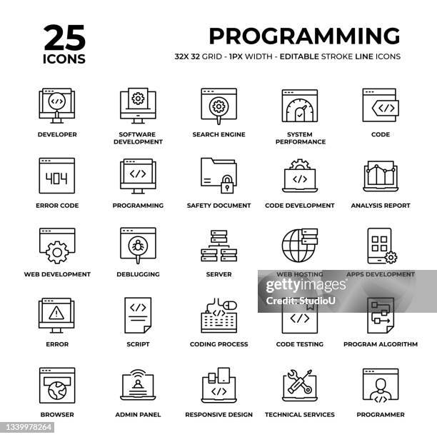 illustrations, cliparts, dessins animés et icônes de jeu d’icônes de ligne de programmation - matrix