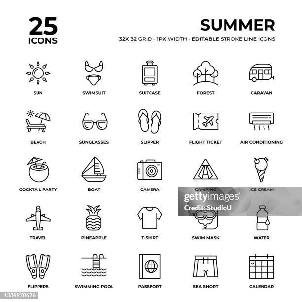 summer line icon set - reclining chair stock illustrations