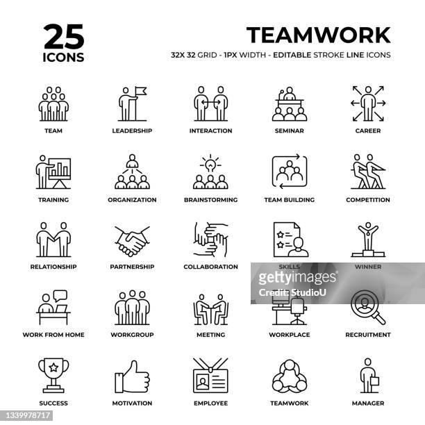 teamwork line icon set - geschäftsbeziehung stock-grafiken, -clipart, -cartoons und -symbole