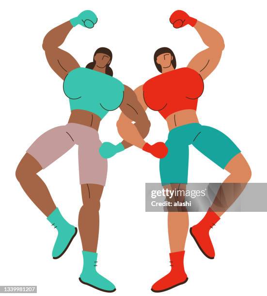 two strong female boxers dancing arm in arm - arm in arm stock illustrations