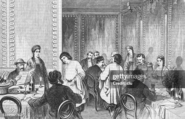 world exhibition paris 1867 - russian restaurant - french waiter stock illustrations