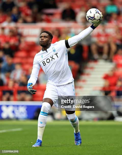 Brice Samba of Nottingham Forest throws the ball during the Sky Bet Championship match between Nottingham Forest and Cardiff City at City Ground on...