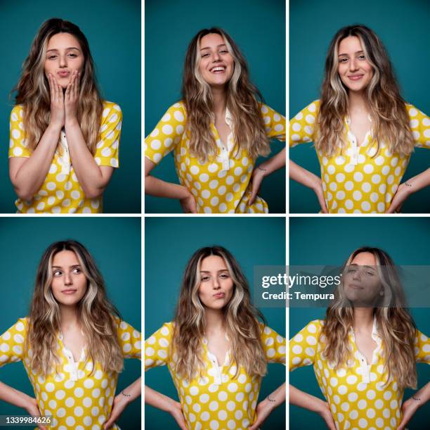 composite of several vertical images of a beautiful woman. - facial expression stock pictures, royalty-free photos & images