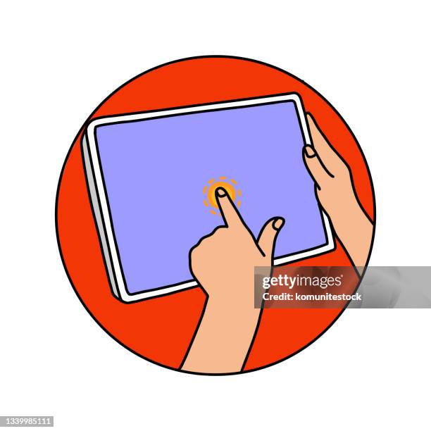 hands holding tablet with blank screen - using tablet blank screen stock illustrations