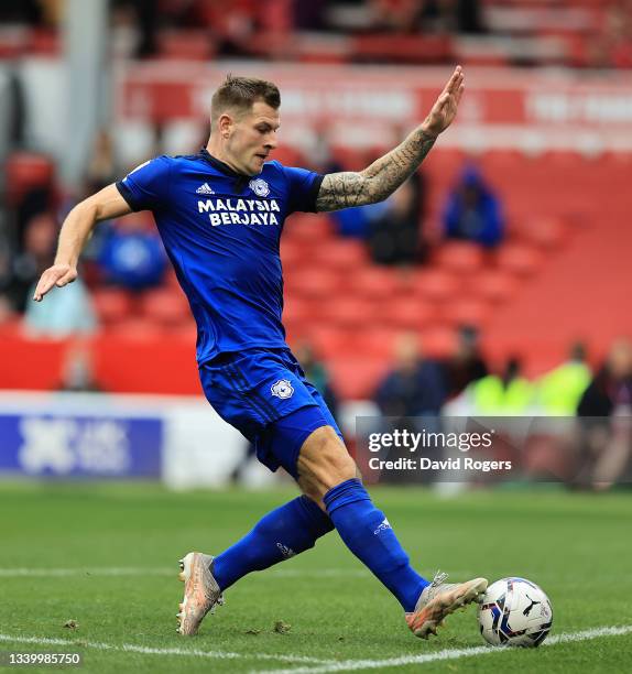 James Collins of Cardiff City controls the ball during the Sky Bet Championship match between Nottingham Forest and Cardiff City at City Ground on...