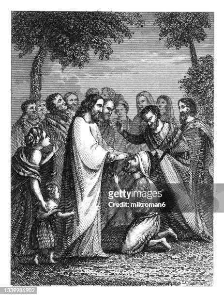 old engraved illustration of christ restoring sight to bartimaeus - beautiful jesus christ stock pictures, royalty-free photos & images