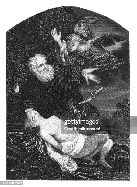 old engraved illustration of abraham's sacrifice - abraham stock pictures, royalty-free photos & images