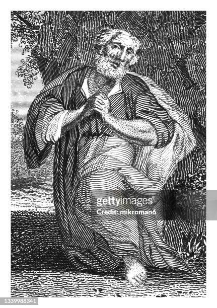 old engraved illustration of peter's repentance - peter law foto e immagini stock