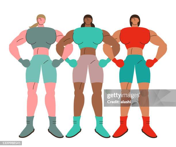 three strong female boxers standing arm in arm - arm in arm stock illustrations