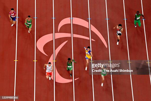 Petrucio Ferreira dos Santos of Team Brazil leads to win the gold in the Athletics Men's 100m - T47 on day 3 of the Tokyo 2020 Paralympic Games at...